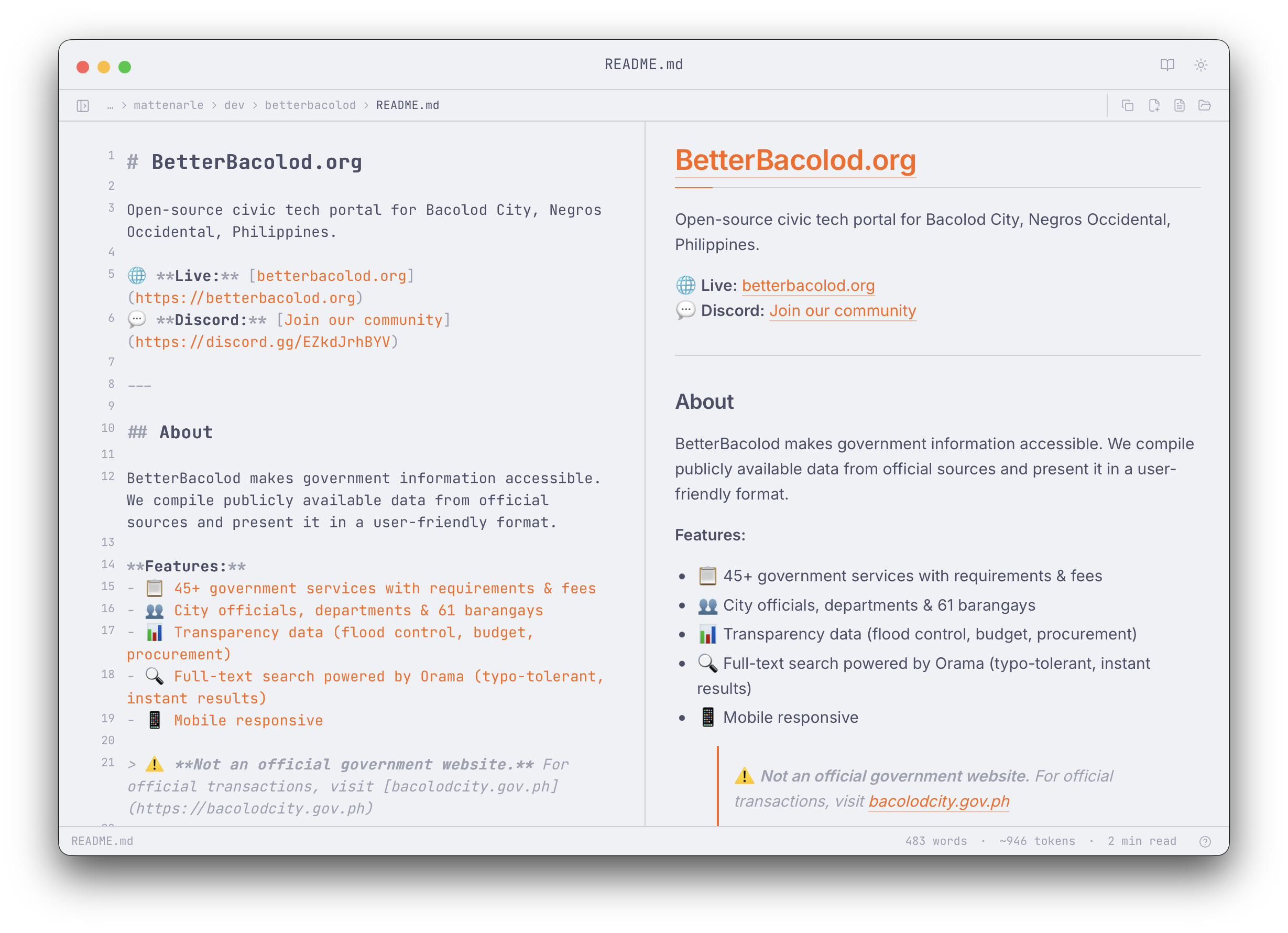 ⌘K command palette in dark theme